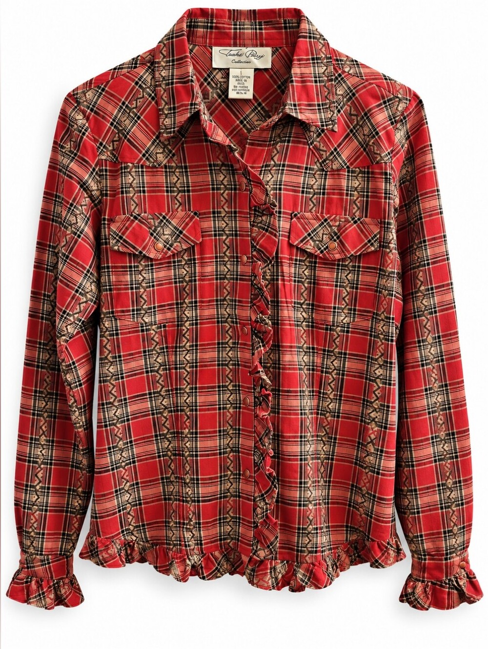 Vintage 90s Tasha Polizzi Red Plaid Ruffle Pearl Snap Western Shirt L